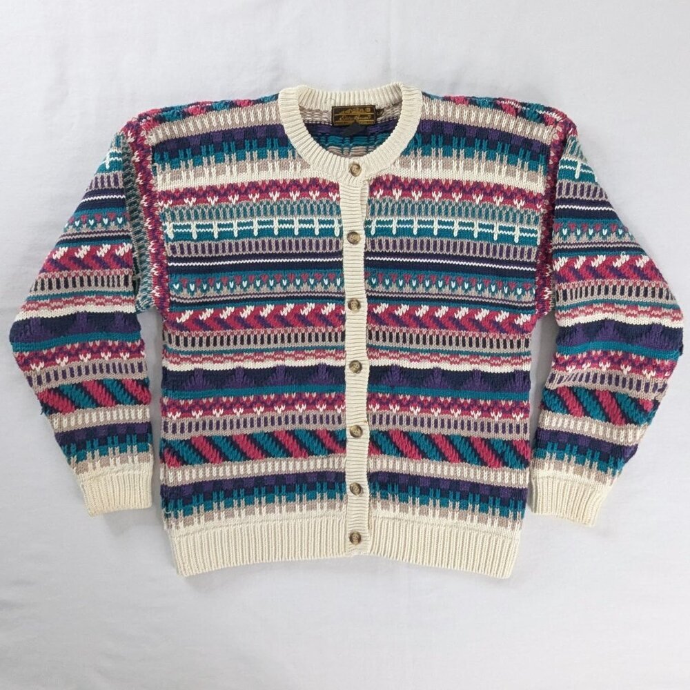 VTG Eddie Bauer Multi Chunky Knit Teal Cream Pink Button Up Cardigan 90s